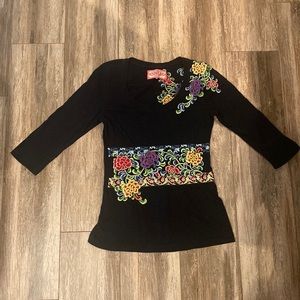 JWLA Johnny Was Floral Embroidered 3/4 Sleeve Shirt